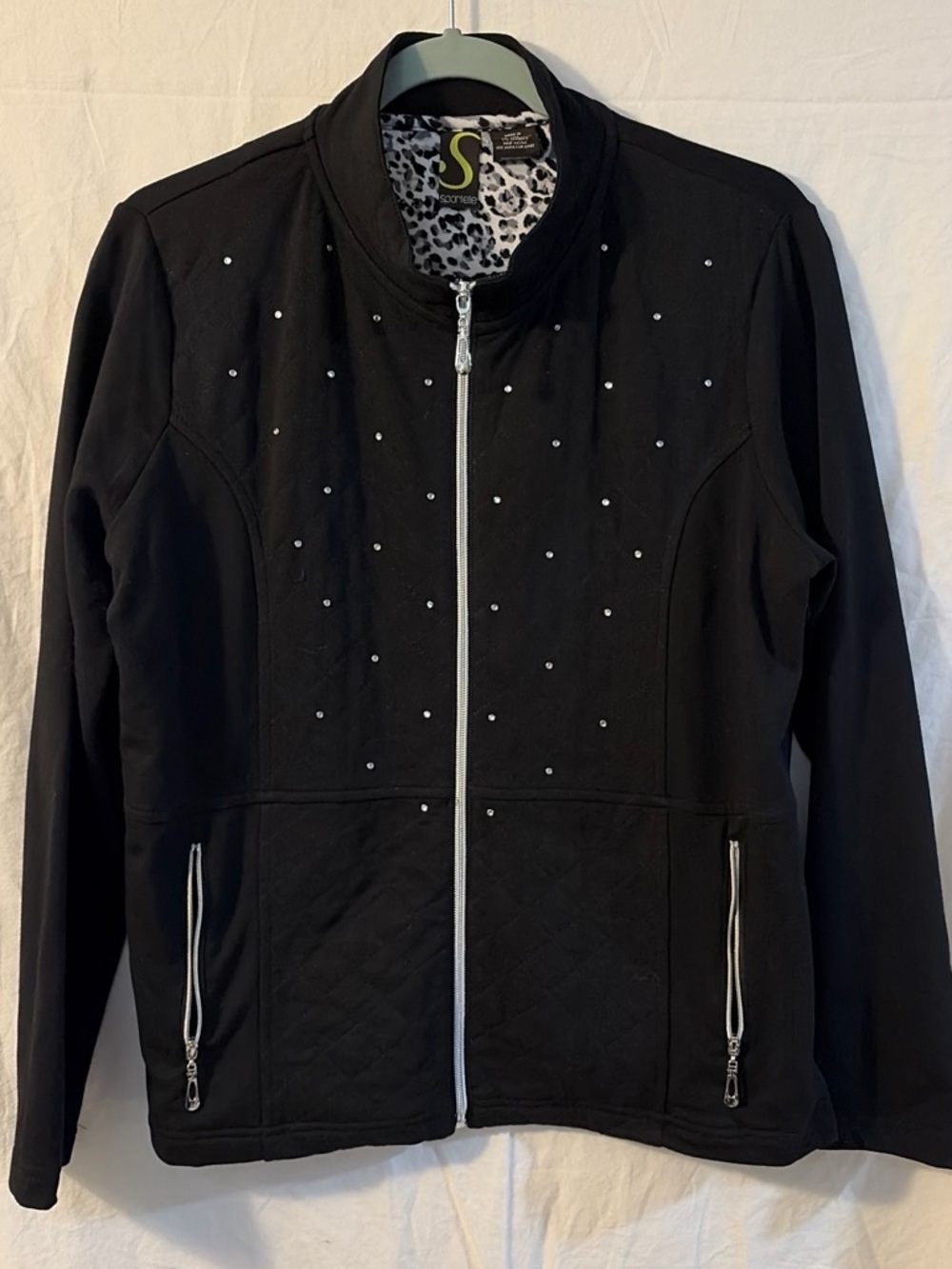 Spartelle Black Zip-Front Jacket with Rhinestone Accents. Size Petite Large